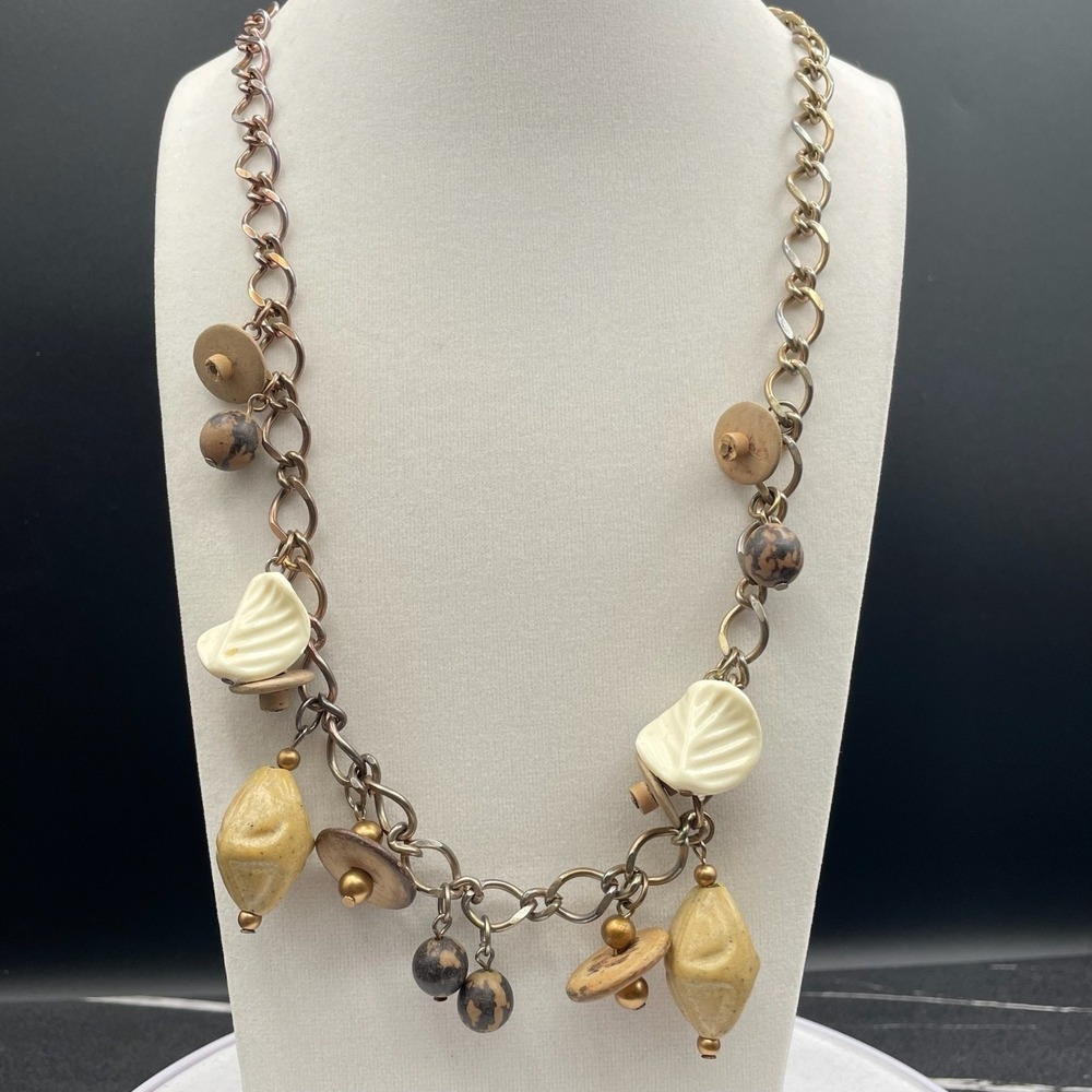 Vintage Gold-Tone Oak Leaf Curb Link Chain Lobster Beaded Statement Necklace